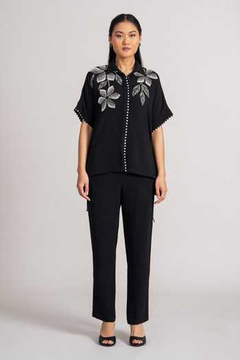 Namrata Joshipura_Black Georgette, Twill Collared Placed Floral Pattern Shirt And Pant Set _Online_at_Aza_Fashions