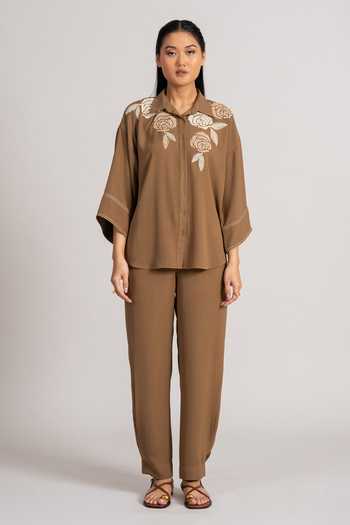 Buy_Namrata Joshipura_Brown Georgette, Twill Collared Floral Shirt And Pant Set _Online_at_Aza_Fashions