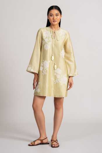 Buy_Namrata Joshipura_Mint Chanderi Silk Round Neck Embroidered Dress _Online_at_Aza_Fashions