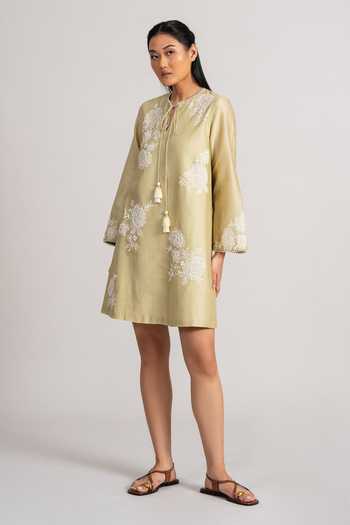Shop_Namrata Joshipura_Mint Chanderi Silk Round Neck Embroidered Dress _Online_at_Aza_Fashions