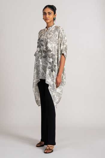 Buy_Namrata Joshipura_Ivory Satin Mandarin Collar Astra Handkerchief Print Cupro Kurta _Online_at_Aza_Fashions