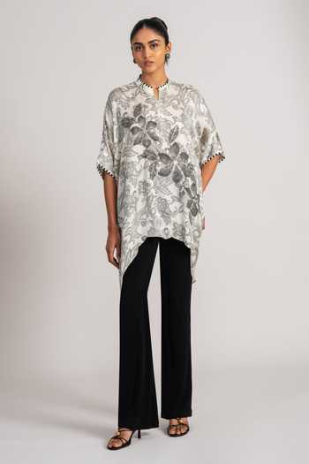 Shop_Namrata Joshipura_Ivory Satin Mandarin Collar Astra Handkerchief Print Cupro Kurta _Online_at_Aza_Fashions