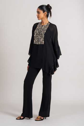 Shop_Namrata Joshipura_Black Georgette Round Neck, Yes Sequin Yoke Kurta And Pant Set _Online_at_Aza_Fashions