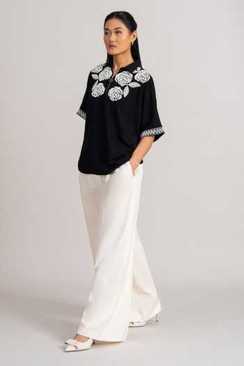 Namrata Joshipura_Black Georgette, Twill Polo Collar Rose Bush Top _Online_at_Aza_Fashions