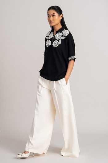 Buy_Namrata Joshipura_Black Georgette, Twill Polo Collar Rose Bush Top _Online_at_Aza_Fashions