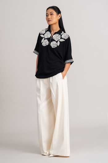 Shop_Namrata Joshipura_Black Georgette, Twill Polo Collar Rose Bush Top _Online_at_Aza_Fashions