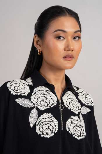 Namrata Joshipura_Black Georgette, Twill Polo Collar Rose Bush Top _at_Aza_Fashions