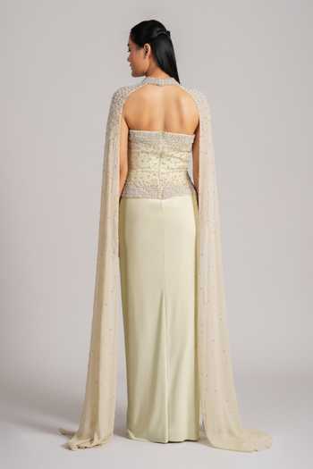 Namrata Joshipura_Mint Georgette, Jersey Beads, Pearls Sweetheart Neck, Embellished Cape Skirt Set _Online_at_Aza_Fashions