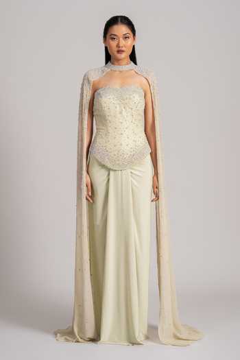 Buy_Namrata Joshipura_Mint Georgette, Jersey Beads, Pearls Sweetheart Neck, Embellished Cape Skirt Set _Online_at_Aza_Fashions