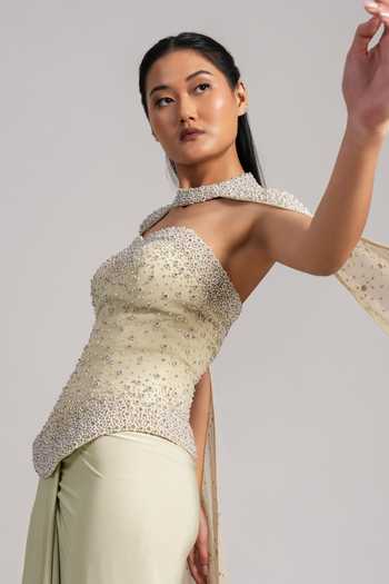 Namrata Joshipura_Mint Georgette, Jersey Beads, Pearls Sweetheart Neck, Embellished Cape Skirt Set _at_Aza_Fashions