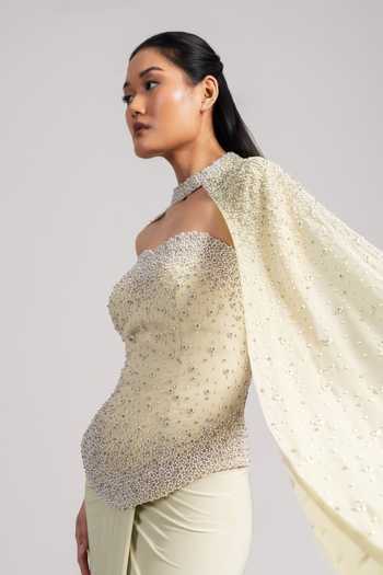 Buy_Namrata Joshipura_Mint Georgette, Jersey Beads, Pearls Sweetheart Neck, Embellished Cape Skirt Set 