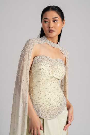 Shop_Namrata Joshipura_Mint Georgette, Jersey Beads, Pearls Sweetheart Neck, Embellished Cape Skirt Set 
