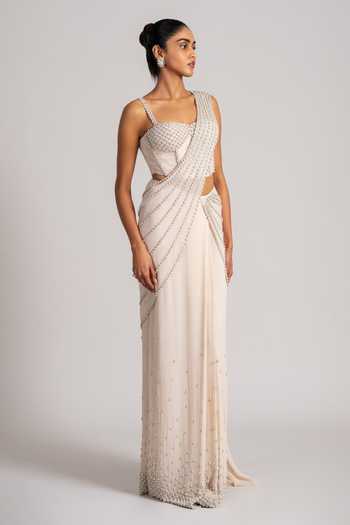 Buy_Namrata Joshipura_Cream Georgette Pearls Sweetheart Neck Cascade Pre-draped Saree Set _Online_at_Aza_Fashions