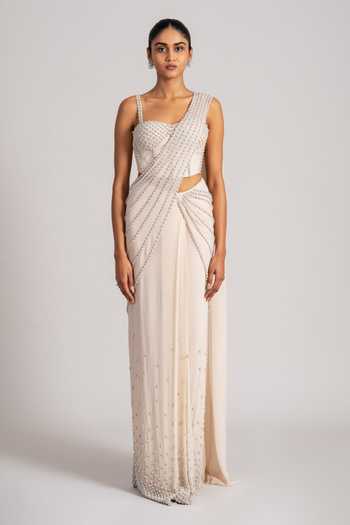 Shop_Namrata Joshipura_Cream Georgette Pearls Sweetheart Neck Cascade Pre-draped Saree Set _Online_at_Aza_Fashions