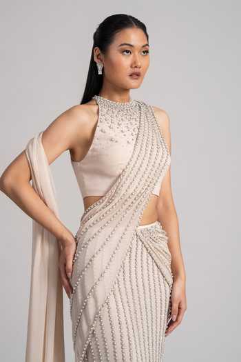 Namrata Joshipura Cream Georgette High Neck Pearl Cascade Pre-draped Saree And Blouse Set Online at Aza Fashions Namrata Joshipura_Cream Georgette High Neck Pearl Cascade Pre-draped Saree And Blouse Set _Online_at_Aza_Fashions