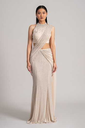 Buy Namrata Joshipura Cream Georgette High Neck Pearl Cascade Pre-draped Saree And Blouse Set Online at Aza Fashions Buy_Namrata Joshipura_Cream Georgette High Neck Pearl Cascade Pre-draped Saree And Blouse Set _Online_at_Aza_Fashions
