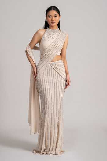 Shop Namrata Joshipura Cream Georgette High Neck Pearl Cascade Pre-draped Saree And Blouse Set Online at Aza Fashions Shop_Namrata Joshipura_Cream Georgette High Neck Pearl Cascade Pre-draped Saree And Blouse Set _Online_at_Aza_Fashions