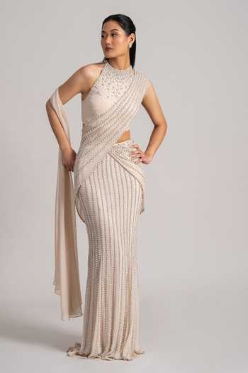 Namrata Joshipura Cream Georgette High Neck Pearl Cascade Pre-draped Saree And Blouse Set at Aza Fashions Namrata Joshipura_Cream Georgette High Neck Pearl Cascade Pre-draped Saree And Blouse Set _at_Aza_Fashions