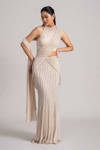 Buy Namrata Joshipura Cream Georgette High Neck Pearl Cascade Pre-draped Saree And Blouse Set Buy_Namrata Joshipura_Cream Georgette High Neck Pearl Cascade Pre-draped Saree And Blouse Set
