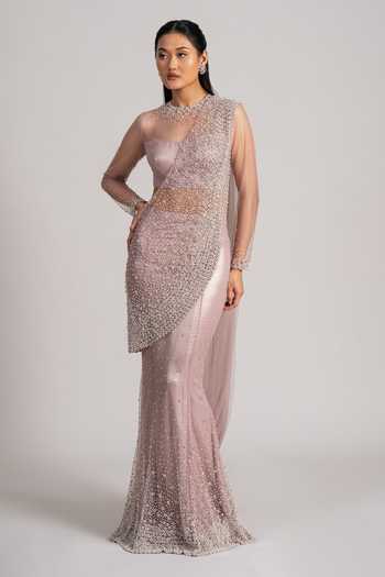 Buy_Namrata Joshipura_Mauve Net High Neck Pre-draped Shimmer Saree And Blouse Set _Online_at_Aza_Fashions