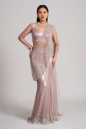 Shop_Namrata Joshipura_Mauve Net High Neck Pre-draped Shimmer Saree And Blouse Set _Online_at_Aza_Fashions