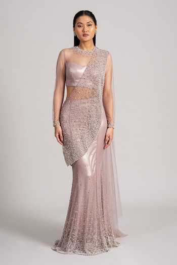 Namrata Joshipura_Mauve Net High Neck Pre-draped Shimmer Saree And Blouse Set _at_Aza_Fashions