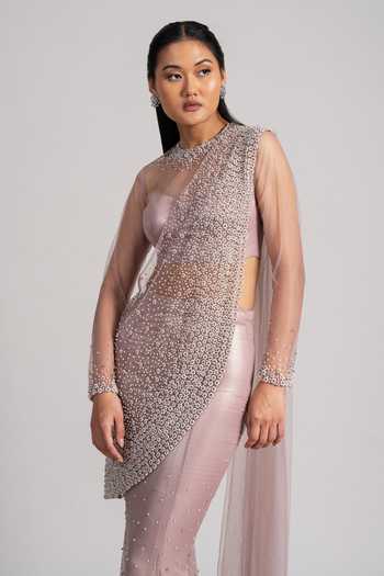 Buy_Namrata Joshipura_Mauve Net High Neck Pre-draped Shimmer Saree And Blouse Set 