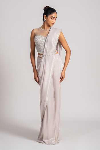 Namrata Joshipura_Ivory Chiffon Pearls Sweetheart Neck Shimmer Pre-draped Saree Set _Online_at_Aza_Fashions