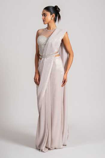 Buy_Namrata Joshipura_Ivory Chiffon Pearls Sweetheart Neck Shimmer Pre-draped Saree Set _Online_at_Aza_Fashions