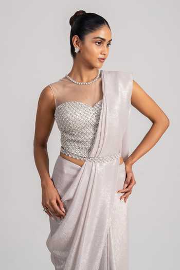 Shop_Namrata Joshipura_Ivory Chiffon Pearls Sweetheart Neck Shimmer Pre-draped Saree Set _Online_at_Aza_Fashions