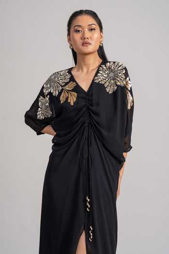 Namrata Joshipura_Black Georgette V-neck Placed Floral Pattern Drawstring Dress _Online_at_Aza_Fashions