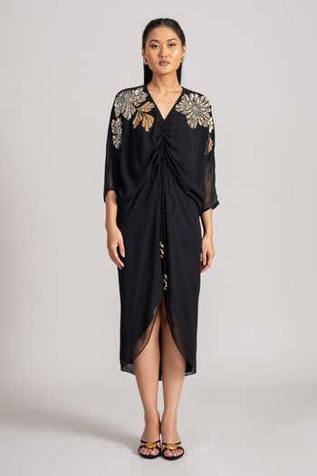 Buy_Namrata Joshipura_Black Georgette V-neck Placed Floral Pattern Drawstring Dress _Online_at_Aza_Fashions