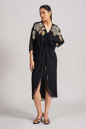 Shop_Namrata Joshipura_Black Georgette V-neck Placed Floral Pattern Drawstring Dress _Online_at_Aza_Fashions