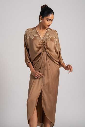 Namrata Joshipura_Brown Satin V-neck Astra Ruched Dress _Online_at_Aza_Fashions