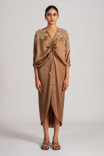Buy_Namrata Joshipura_Brown Satin V-neck Astra Ruched Dress _Online_at_Aza_Fashions