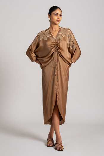 Shop_Namrata Joshipura_Brown Satin V-neck Astra Ruched Dress _Online_at_Aza_Fashions