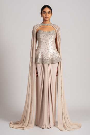 Namrata Joshipura_Gold Crepe Sequins, Stones, Crystals Sweetheart Neck, Shimmer Corset Skirt Set _Online_at_Aza_Fashions