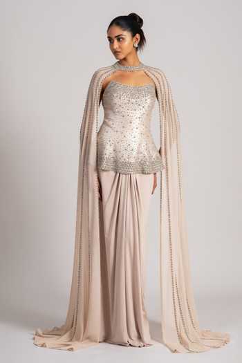 Buy_Namrata Joshipura_Gold Crepe Sequins, Stones, Crystals Sweetheart Neck, Shimmer Corset Skirt Set _Online_at_Aza_Fashions