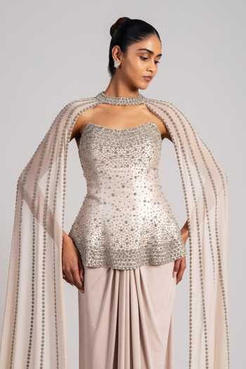 Namrata Joshipura_Gold Crepe Sequins, Stones, Crystals Sweetheart Neck, Shimmer Corset Skirt Set _at_Aza_Fashions