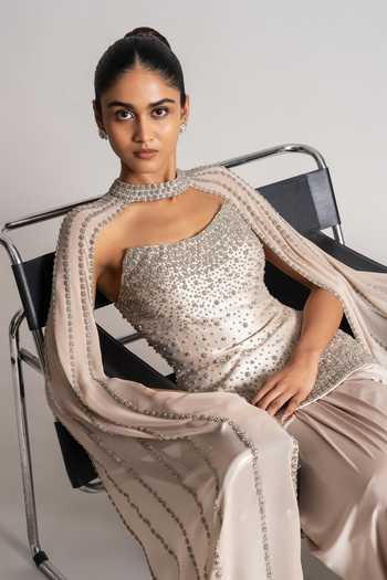 Buy_Namrata Joshipura_Gold Crepe Sequins, Stones, Crystals Sweetheart Neck, Shimmer Corset Skirt Set 