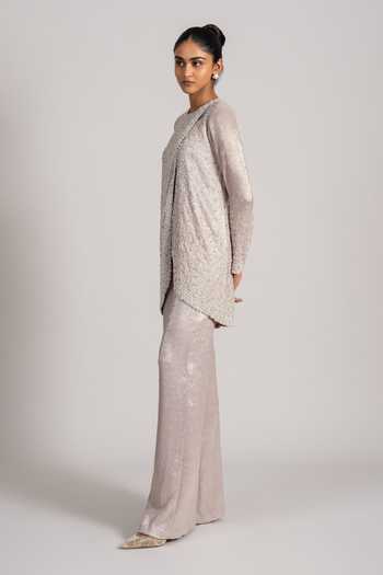 Namrata Joshipura_Ivory Chiffon Round Neck Pearl Overlapped Shimmer Top And Pant Set _Online_at_Aza_Fashions