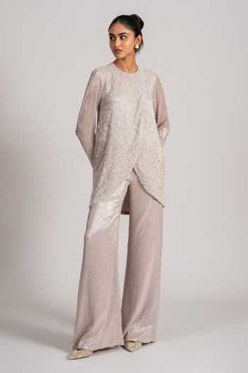 Buy_Namrata Joshipura_Ivory Chiffon Round Neck Pearl Overlapped Shimmer Top And Pant Set _Online_at_Aza_Fashions