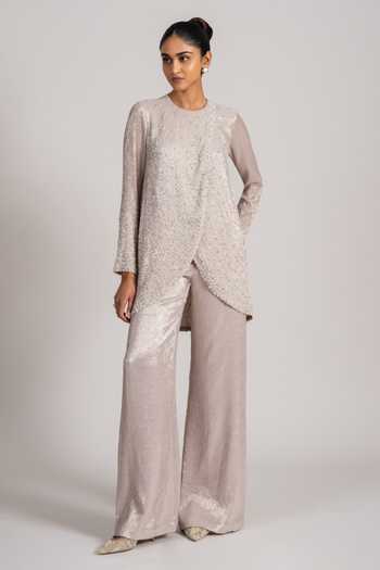 Shop_Namrata Joshipura_Ivory Chiffon Round Neck Pearl Overlapped Shimmer Top And Pant Set _Online_at_Aza_Fashions