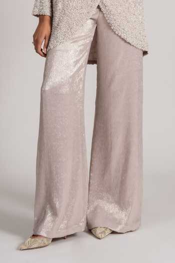 Namrata Joshipura_Ivory Chiffon Round Neck Pearl Overlapped Shimmer Top And Pant Set _at_Aza_Fashions