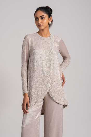 Buy_Namrata Joshipura_Ivory Chiffon Round Neck Pearl Overlapped Shimmer Top And Pant Set 