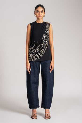 Buy_Namrata Joshipura_Black Jersey High Neck Cosmic Draped Top _Online_at_Aza_Fashions