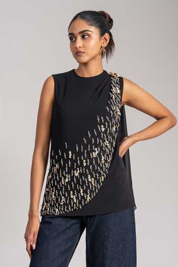 Buy_Namrata Joshipura_Black Jersey High Neck Cosmic Draped Top 