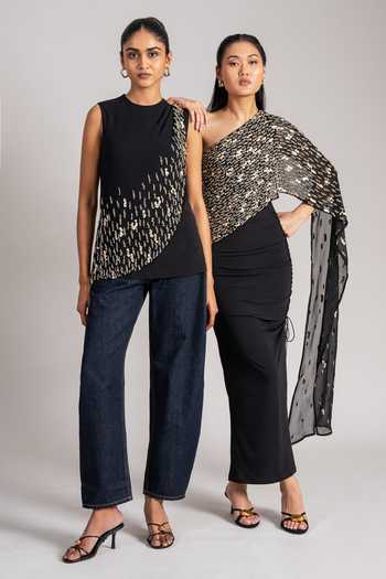 Shop_Namrata Joshipura_Black Jersey High Neck Cosmic Draped Top 