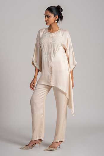 Namrata Joshipura_Off White Satin Round Neck Embroidered Top And Pant Set _Online_at_Aza_Fashions