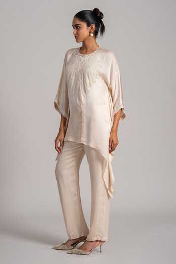 Buy_Namrata Joshipura_Off White Satin Round Neck Embroidered Top And Pant Set _Online_at_Aza_Fashions